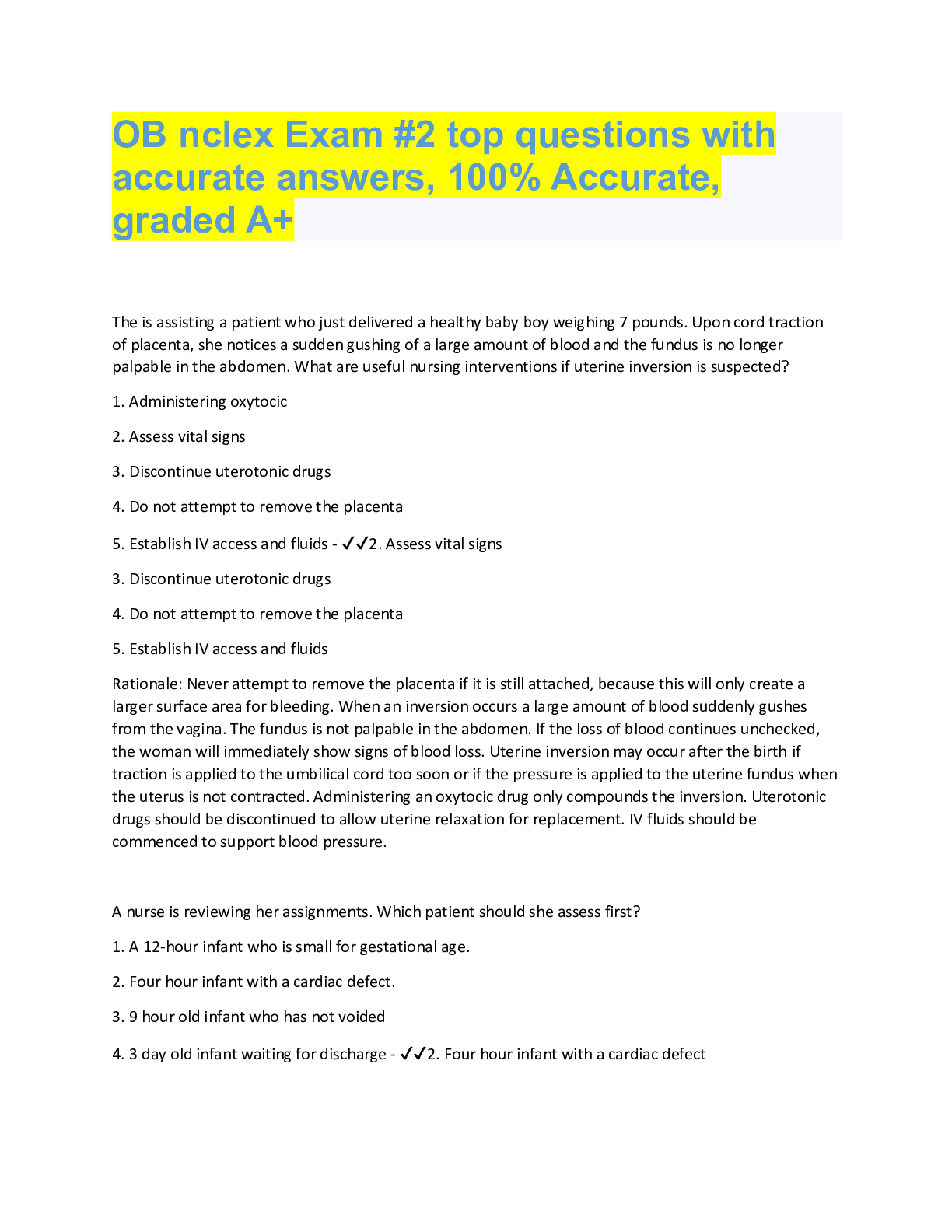 Preview image for OB nclex Exam #2 top questions with  accurate answers, 100% Accurate,  graded A+